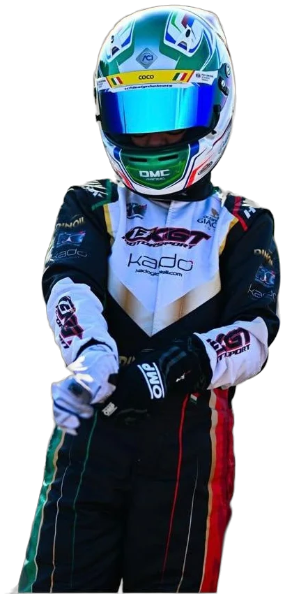 Domenico Coco in his KGT Motorsport race suit and helmet, tightening his gloves